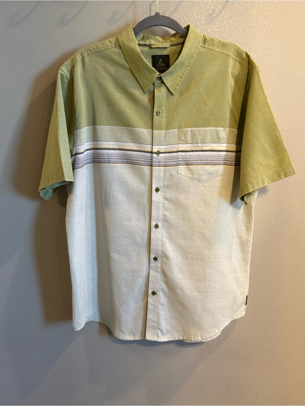 Prana Two-Tone Olive Green and Cream Short-Sleeve Button-Up Shirt